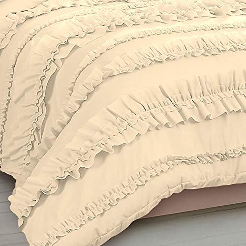 5 Piece Full Ruffles Layers Duvet Cover Set with Zipper Closure, 100% Egyptian Cotton, 1000 Thread Cotton - Full/Queen Size - Ivory Solid