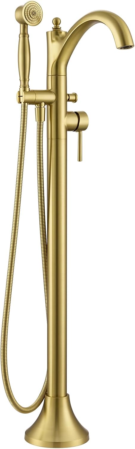 Free Standing Tub Faucet, High Flow Rate Brushed Light Gold Classic Freestanding Tub Faucets with Hand Shower Brass Floor Mount Tub Filler （WT-9002BGZZ）