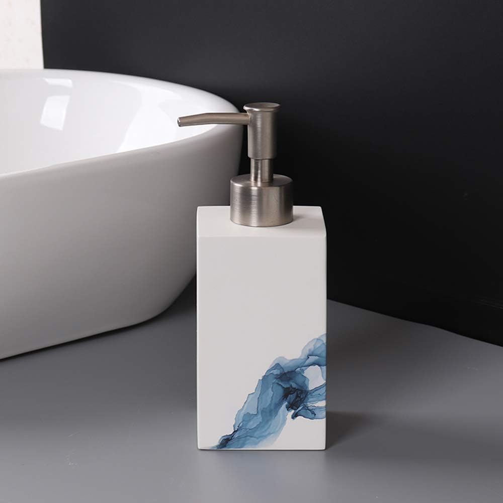 Ancient Style Bathroom Accessories Set Resin Bath Ensemble Includes Toothbrush Holder, 2 Tumblers, Liquid Soap Dispenser, Soap Dish, Printed Blue,with Right Angle Tray