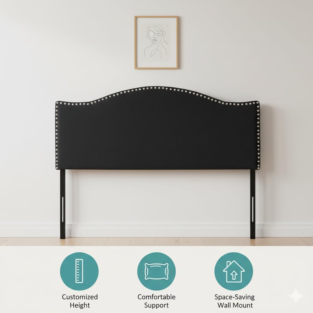 Naomi Home Catalina Queen Headboard – Upholstered Linen Tufted Panel with Nailhead Trim, Adjustable 12 Height Settings, Wall or Bed Frame Mount – Black