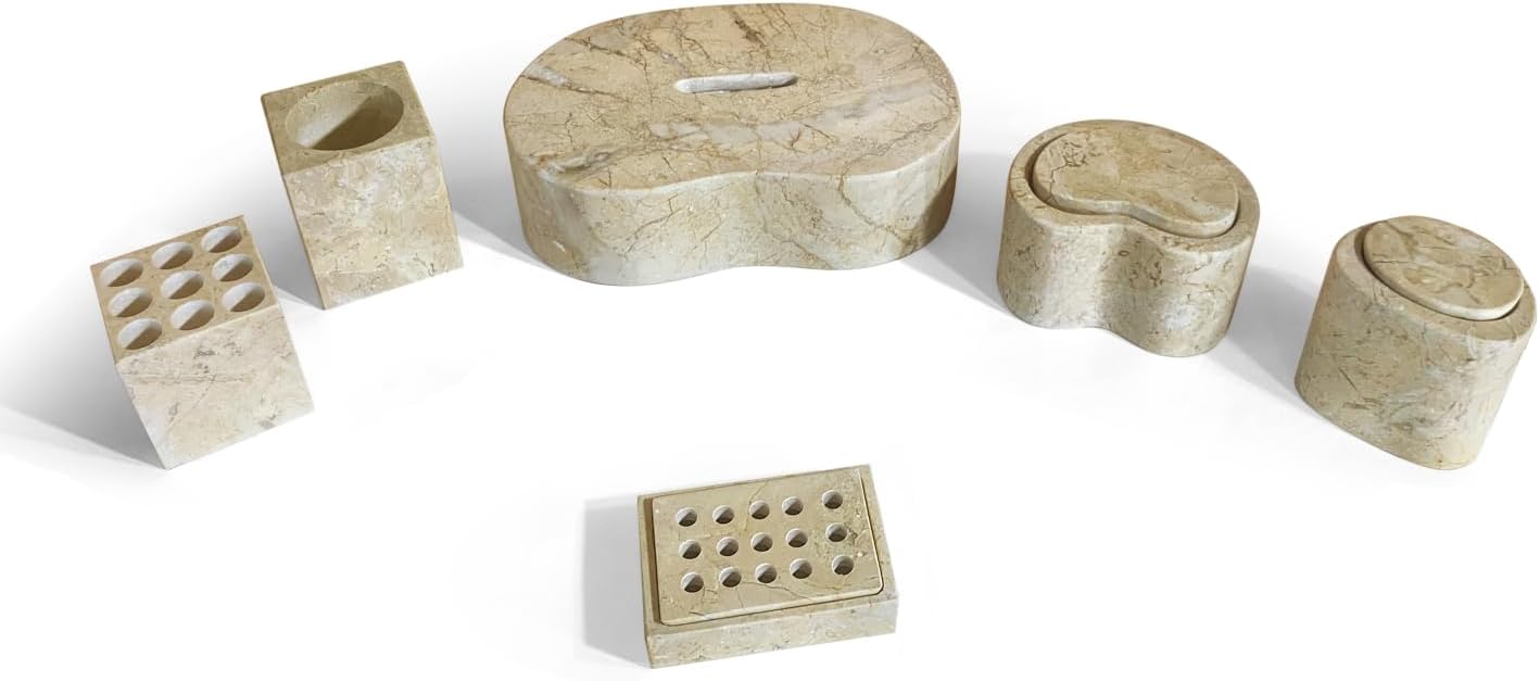 Natural Marble Bathroom Accessories Set, Beige Gold - 6-Piece Set for Modern Home Decor