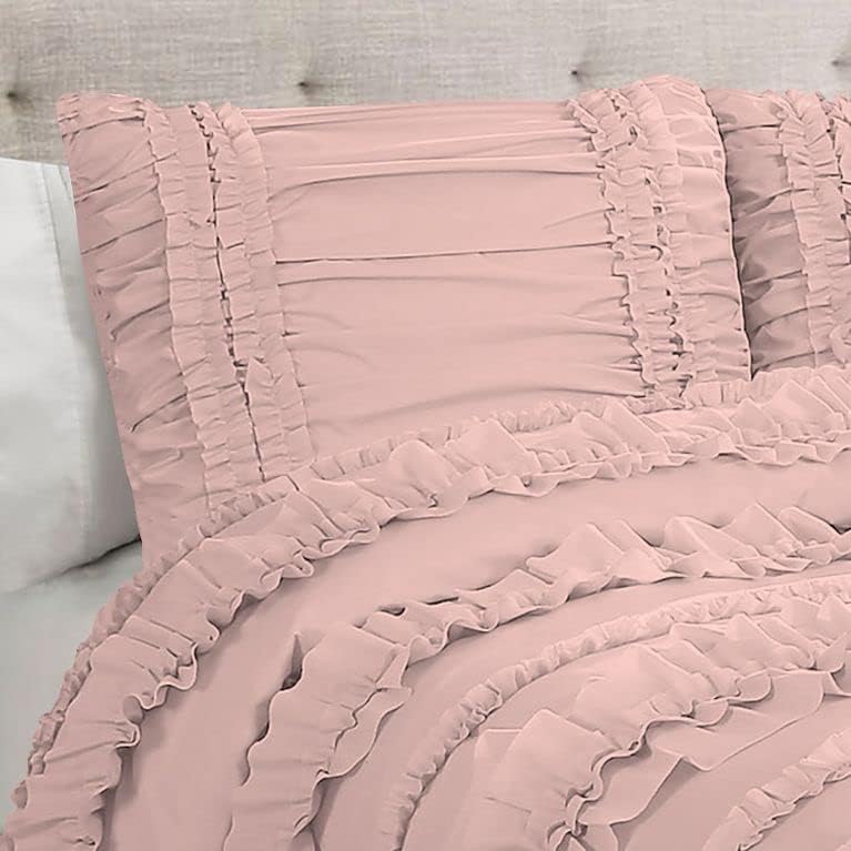 5 Piece Full Ruffles Layers Duvet Cover Set with Zipper Closure, 100% Egyptian Cotton, 1000 Thread Cotton - Full/Queen Size - Blush Solid
