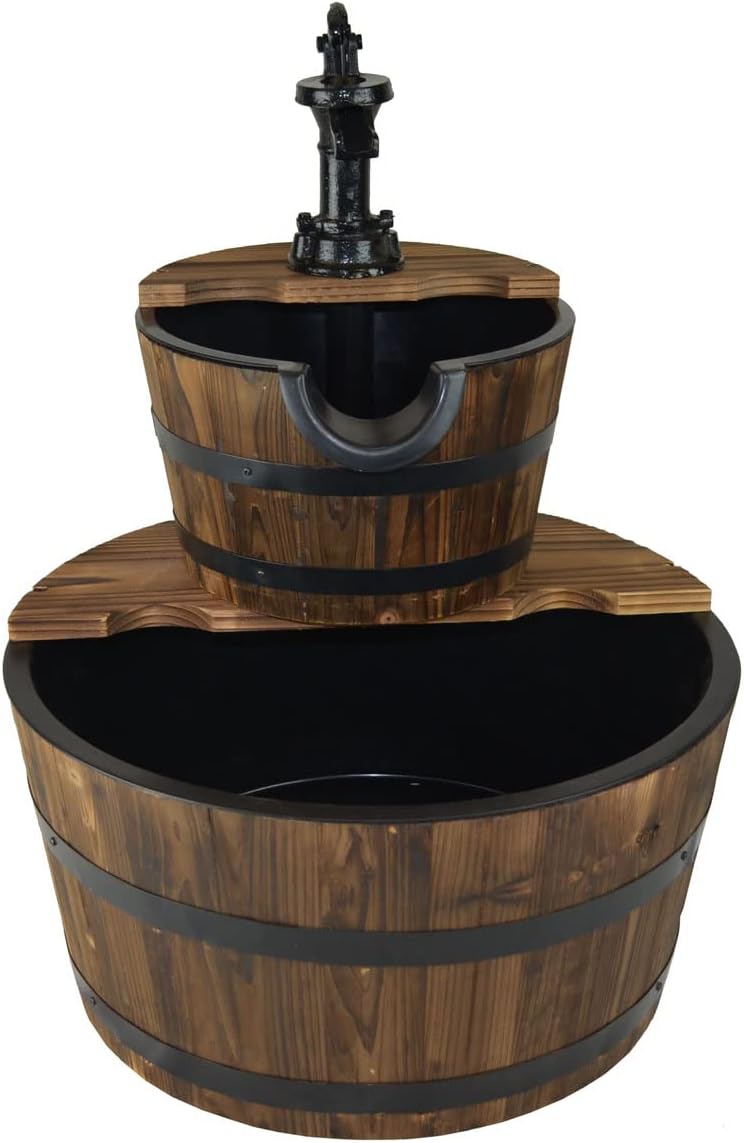 Wood Barrel with Pump Outdoor Water Fountain - Medium Garden Water Fountain