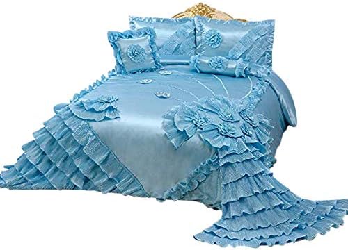 OctoRose Royalty Oversized Blue Wedding Bedding Bedspread | Cute Bed Set for Twin Size (76 x 96) | Aesthetic, Romantic and Fluffy | 5-Piece Set with 2 Pillow Sham, 1 Square Pillow, and 1 Neck Roll