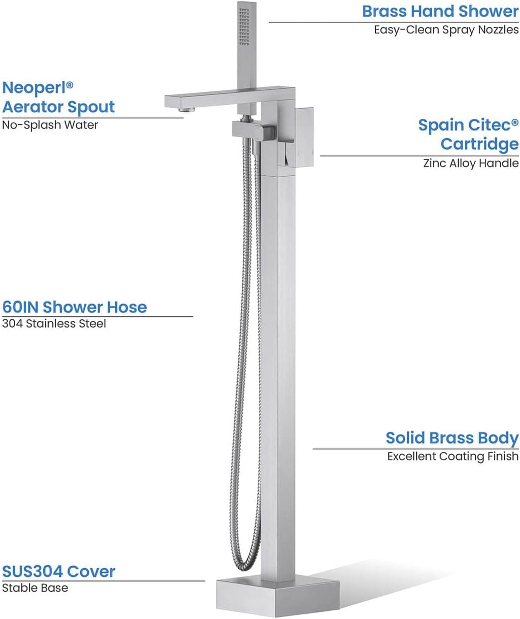 KIBI Cube Brushed Nickel Freestanding Bathtub Faucet ‑ Floor‑Mounted Brass Tub Filler | Single‑Handle Bathroom Faucets with Hand Shower, Ceramic Cartridge & Stainless Steel Hose (KTF302BG)