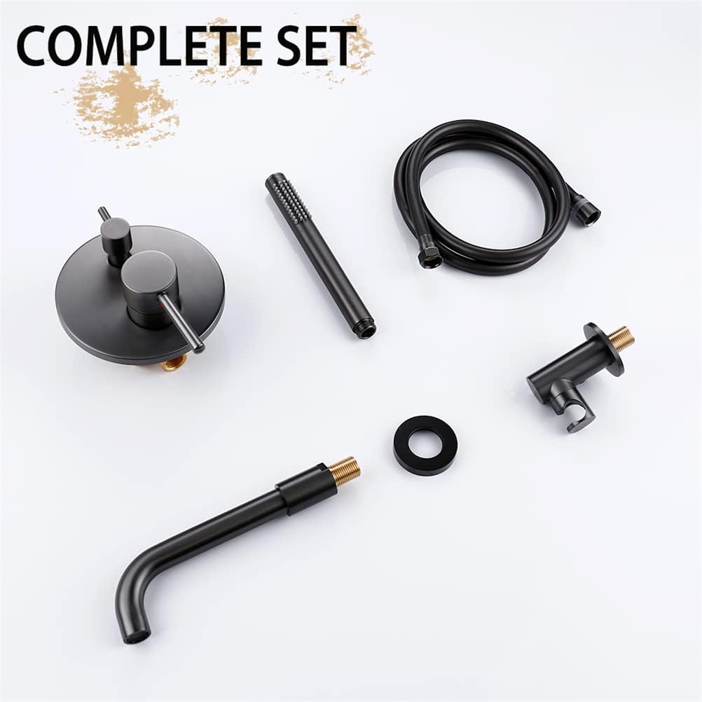 Bathtub Faucet with Shower, Tub Taps Hot and Cold Bathroom Faucet Brushed Brass Shower Faucet Diverter, with Wall Mount Spout Handheld Hose Bathtub Filler Mixer Tap Set, Gray
