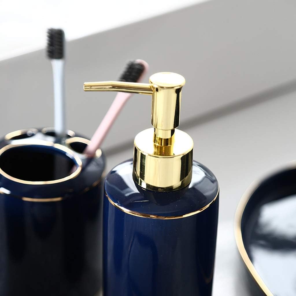 Kitchen Soap Dispenser Dark Blue Gold Edge Ceramic Bathroom Accessories Supplies Six-piece Set Containing Soap Dispenser Mouthwash Cup Toothbrush Holder Soap Box and Tray Countertop Soap Dispensers