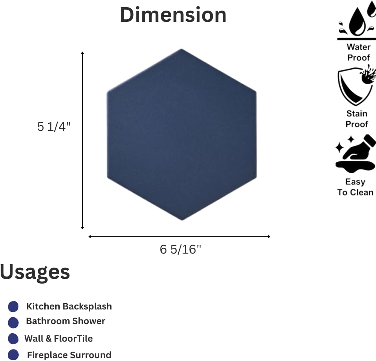 Tenedos Fusion Hexagon Matte 5x6 Hex Glazed Floor Wall Porcelain Tile Backsplash for Kitchen, Bathroom Shower, Accent Decor (Royal Blue, Box of 20 Pieces)