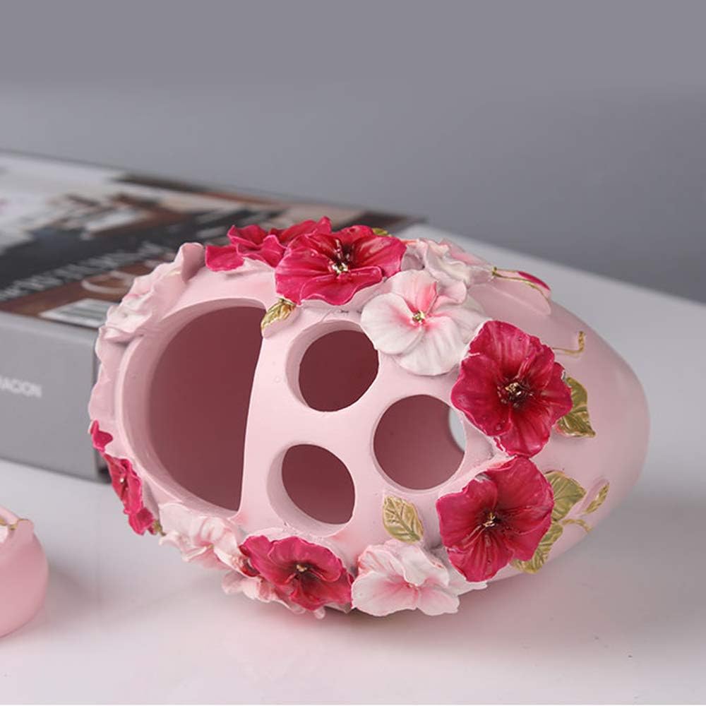 Bathroom Accessories Set Creativity Romantic Wedding Bath Set Resin Bath Ensemble Includes Toothbrush Holder, 2 Tumblers, Liquid Soap Dispenser, Soap Dish,Pink