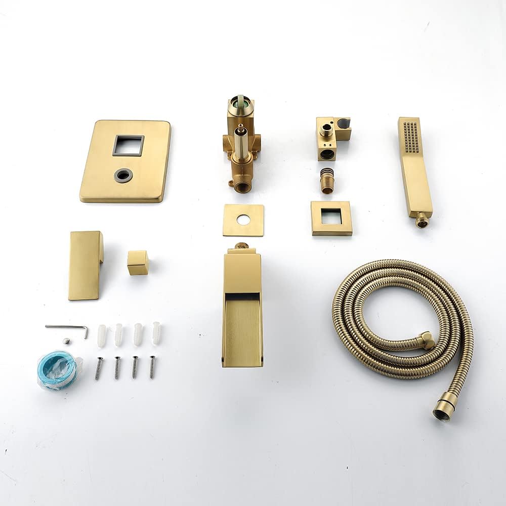 Bathtub Faucet with Shower Set, Bathtub Mixer Tap with Brass Hand Shower Bath Faucet, with 1.5m Shower Hose, Bathroom Shower with Hand Shower Swivel Waterfall Spout, Bathroom Taps Set,Brushed Gold