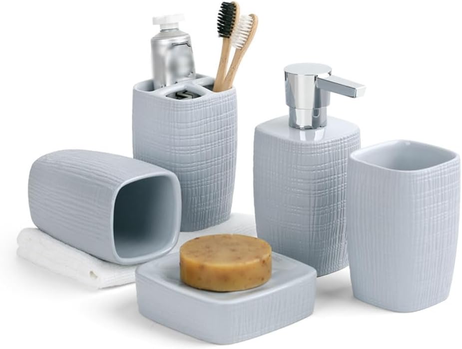 5-Piece Ceramic Bathroom Accessories Set, Soap Dispenser Toothbrush Holder Cup Soap Dish Bath Set(Blue)
