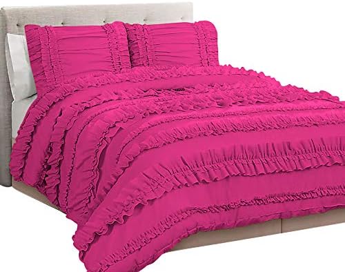 5 Piece Full Ruffles Layers Duvet Cover Set with Zipper Closure, 100% Egyptian Cotton, 1000 Thread Cotton - Full/Queen Size - Hot Pink Solid