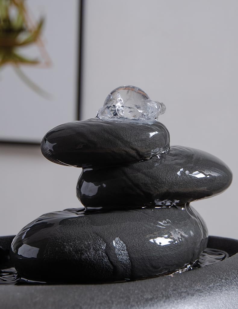Modern Stone Stack Water Fountain with LED Light - Small Indoor Zen Fountain for Relaxation and Meditation