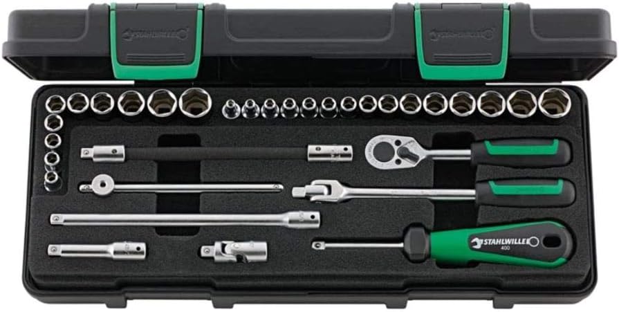 Stahlwille 96011162 33-Piece Socket Set with Ratchets, 1/4' Square Drive Hex Sockets from 3.2mm-14mm and 3/16'-9/16', Sturdy ABS Plastic Case, Made in Germany