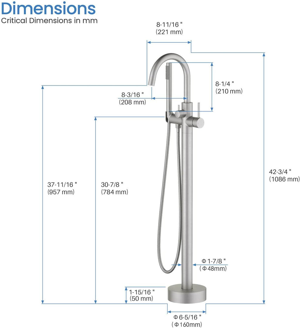 KIBI Circular Floor Mount Tub Filler with Hand Shower in Brushed Nickel, Solid Brass Single Handle Freestanding Bathtub Faucet with 360 Swivel Spout, Modern Bath Faucet for Tub and Shower (KTF301BN)