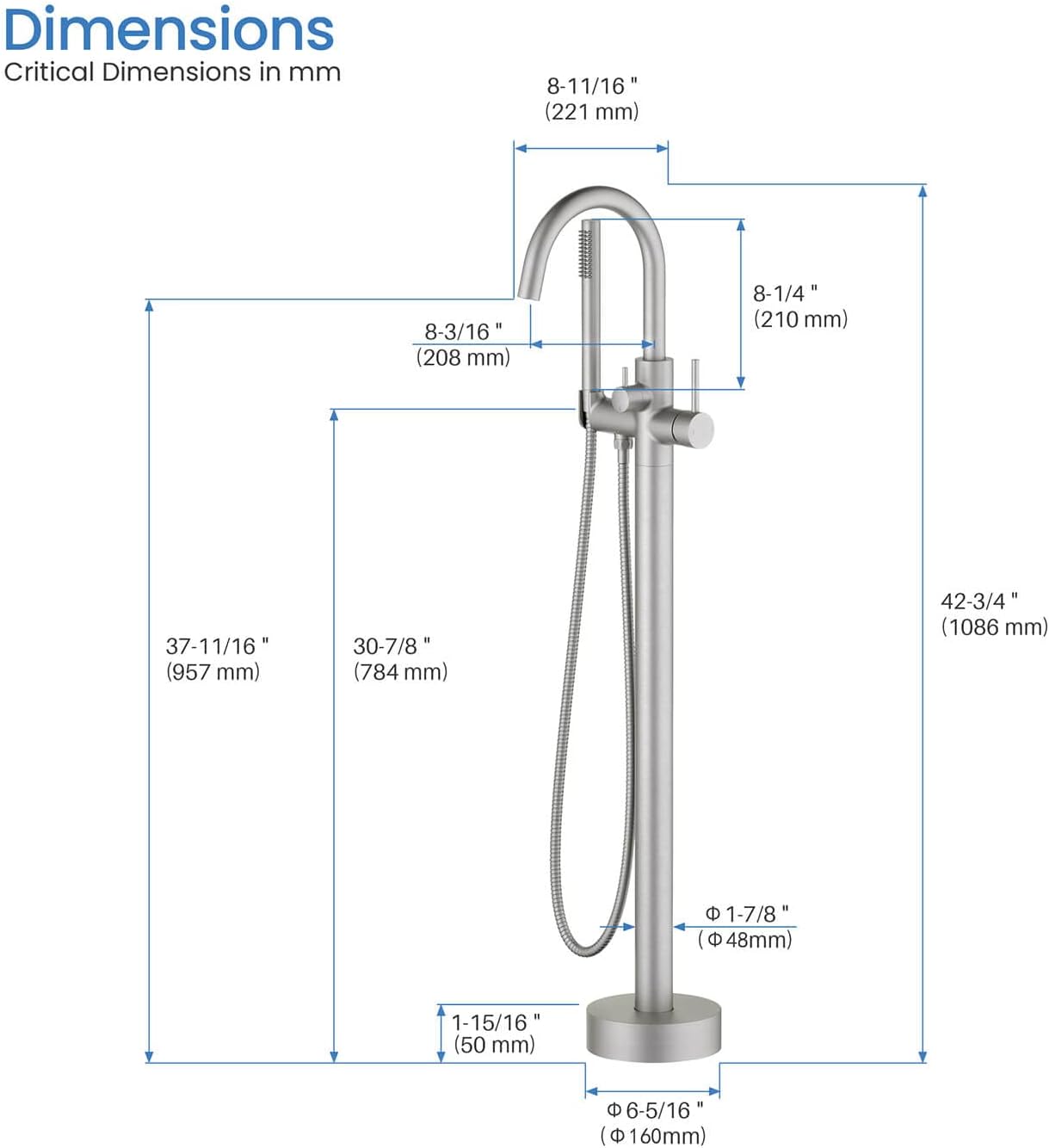 KIBI Circular Floor Mount Tub Filler with Hand Shower in Brushed Nickel, Solid Brass Single Handle Freestanding Bathtub Faucet with 360 Swivel Spout, Modern Bath Faucet for Tub and Shower (KTF301BN)