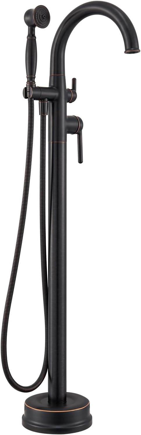 Freestanding Tub Faucets Bathroom Floor Mounted Waterfall Tub Filler Brass High Flow Swivel Spout&Hand Shower Oil Rubbed Bronze