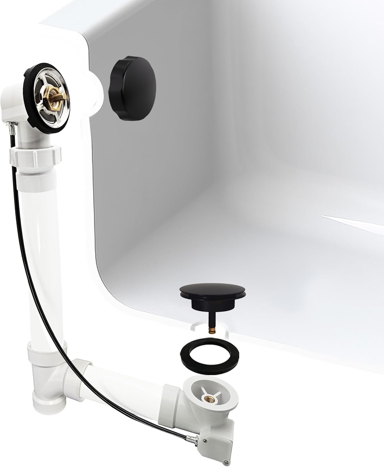 Westbrass A50P35BJ-62 1-1/2' Sch. 40 PVC 35' Cable Driven Bath Waste Kit with Ball Joint Head and Brass Trim Drain Kit, Matte Black