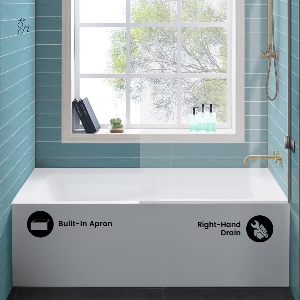 Swiss Madison Voltaire 54 x 30 Skirted Right Drain Soaking Apron Bathtub in Glossy White with Integrated Overflow and Armrest, Drain Included