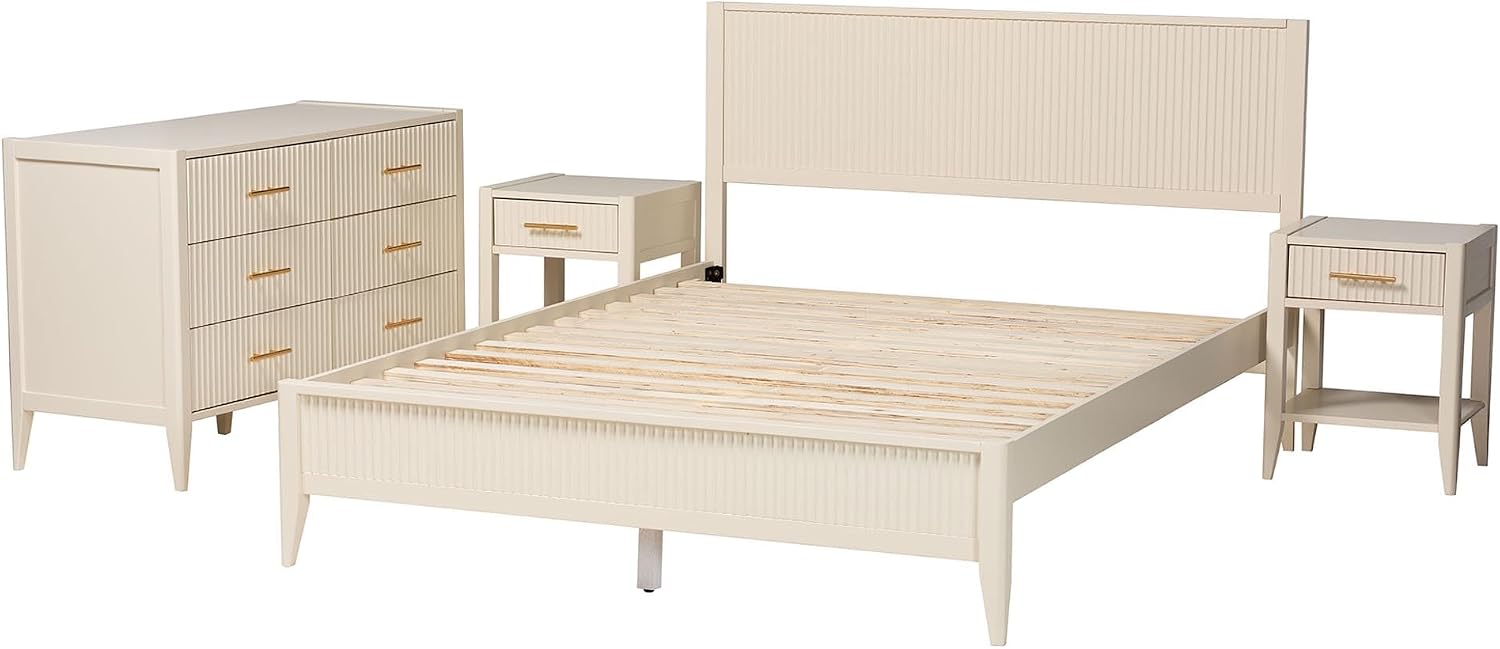 Baxton Studio Primrose Fluted Wood Platform Bed Set, 4-Piece, King, Ivory