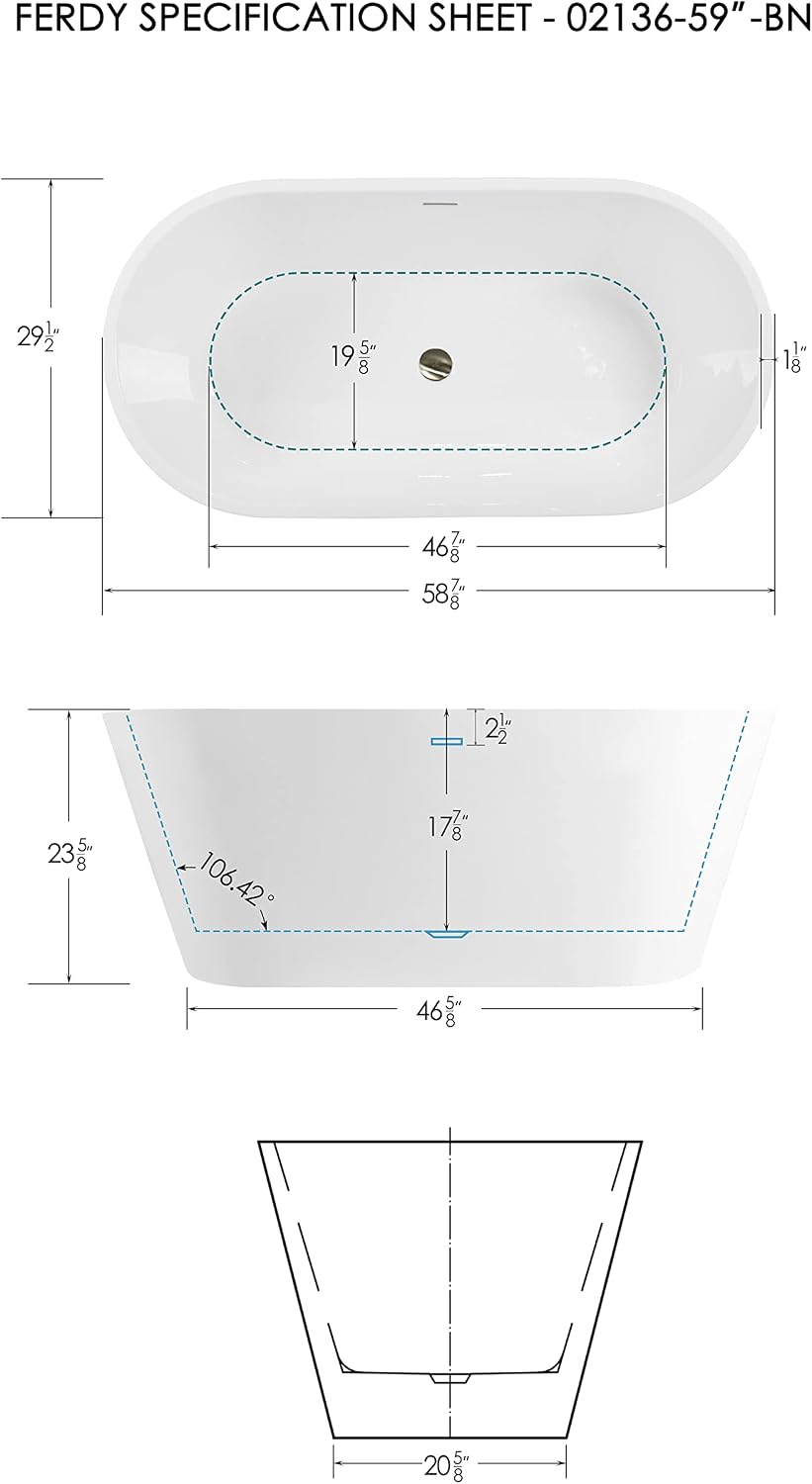 FerdY 59' Shangri-La Elite, Acrylic Freestanding Bathtub, Modern & Contemporary Design Soaking Tub with Brushed Nickel Pop-Up Drain and Minimalist Design Overflow, Glossy White, cUPC Certified