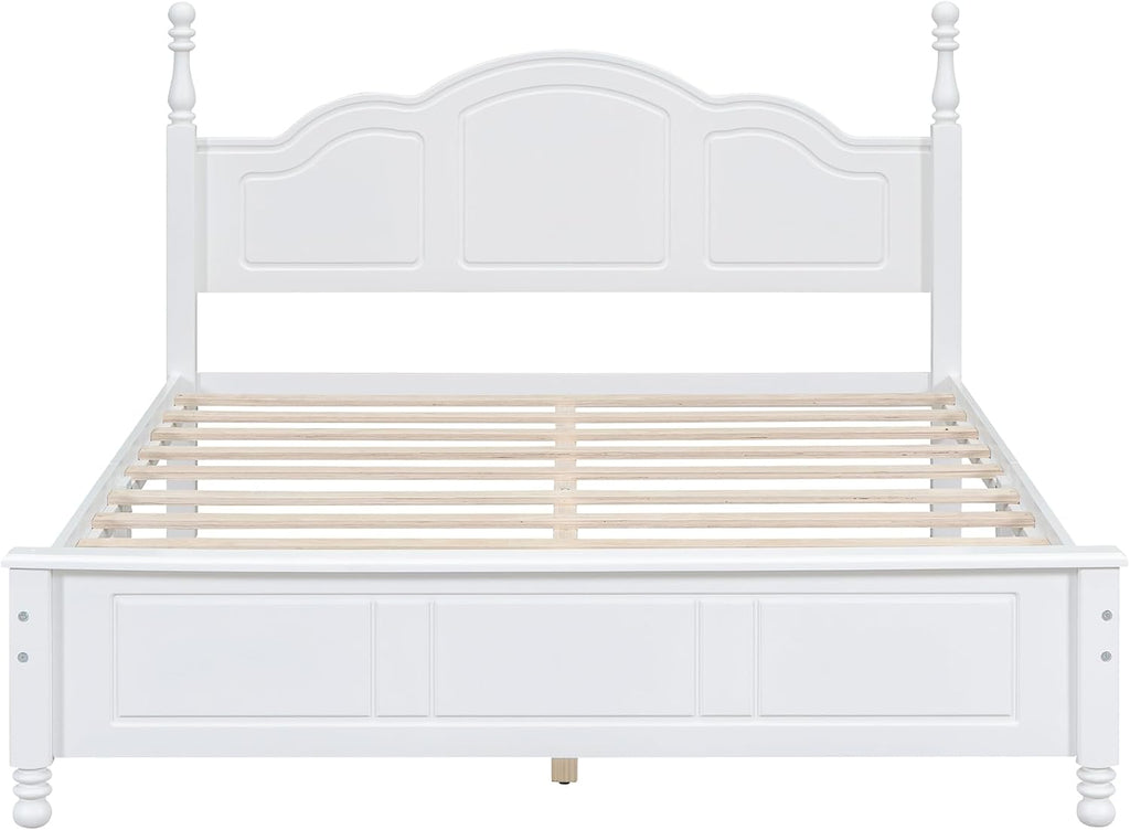 3-Pieces Bedroom Sets, Retro Style Queen Size Platform Bed with Wooden Slat Support and Headboard, Wooden Bedroom Furniture Set with 2 Nightstands for Kids Teens Adults Bedroom (White + Wood 063)