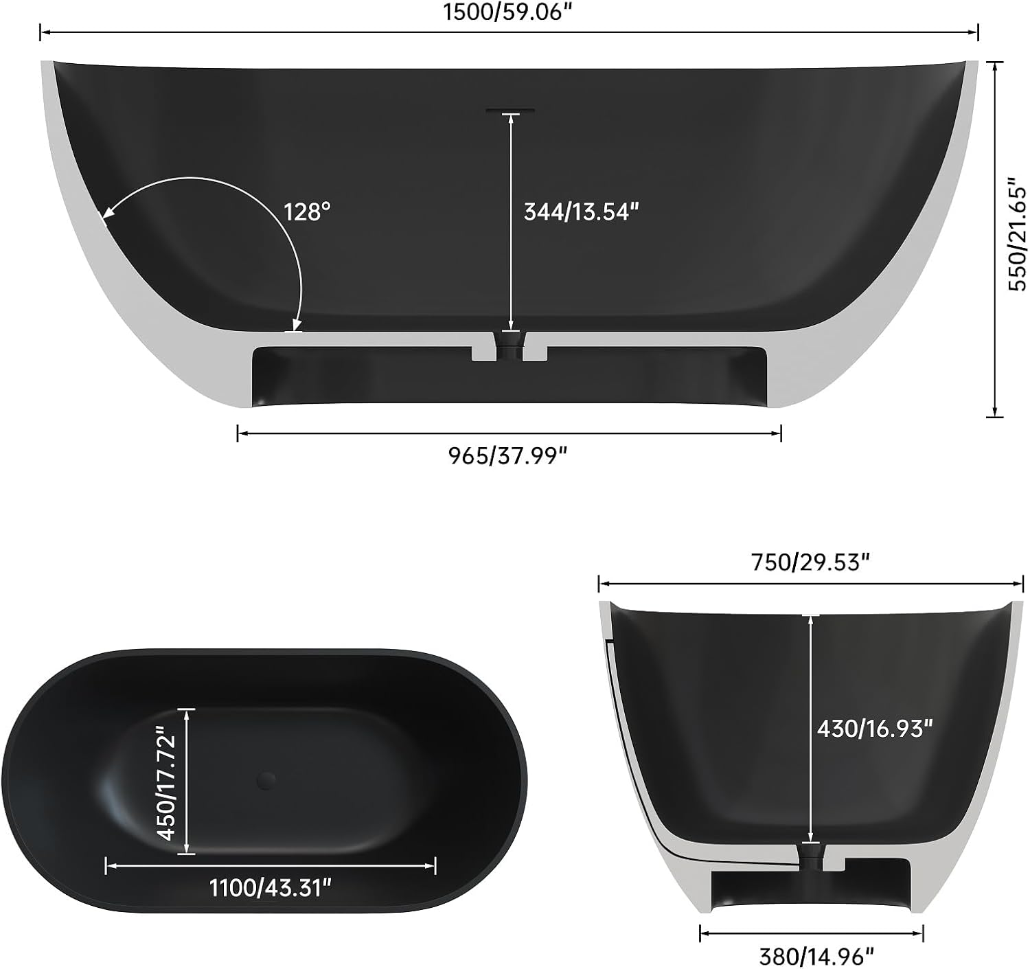 59' Premium Matte Black Solid Surface Freestanding Bathtub, Modern Design Stone Resin Bath Tub with Overflow and Pop-up Drain