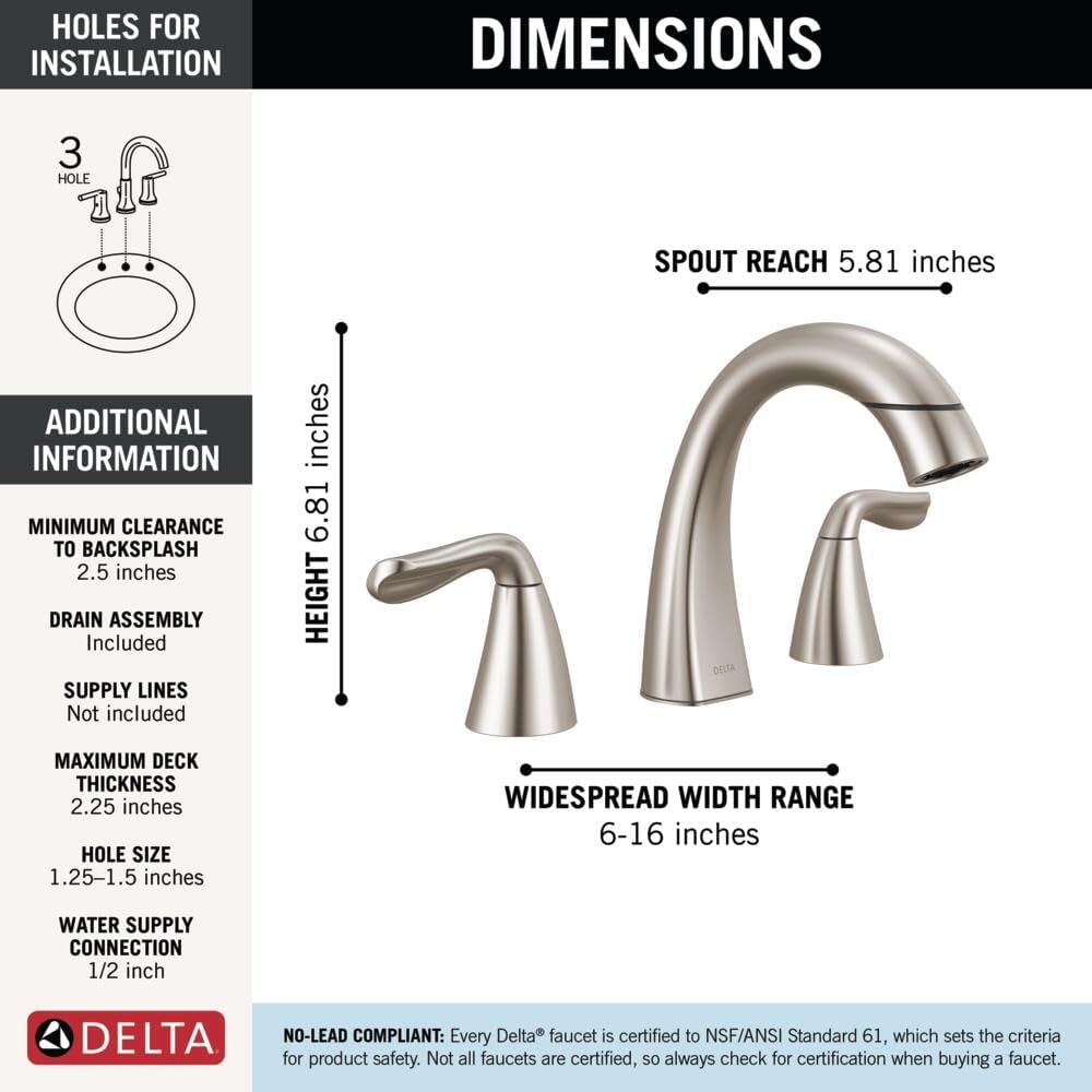 Delta Arvo Brushed Nickel Bathroom Faucet with Sprayer, 8 Inch 3 Hole Widespread Bathroom Sink Faucet with Pull Out Sprayer, Push-Pop Drain, SpotShield Stainless 35840LF-SPPD