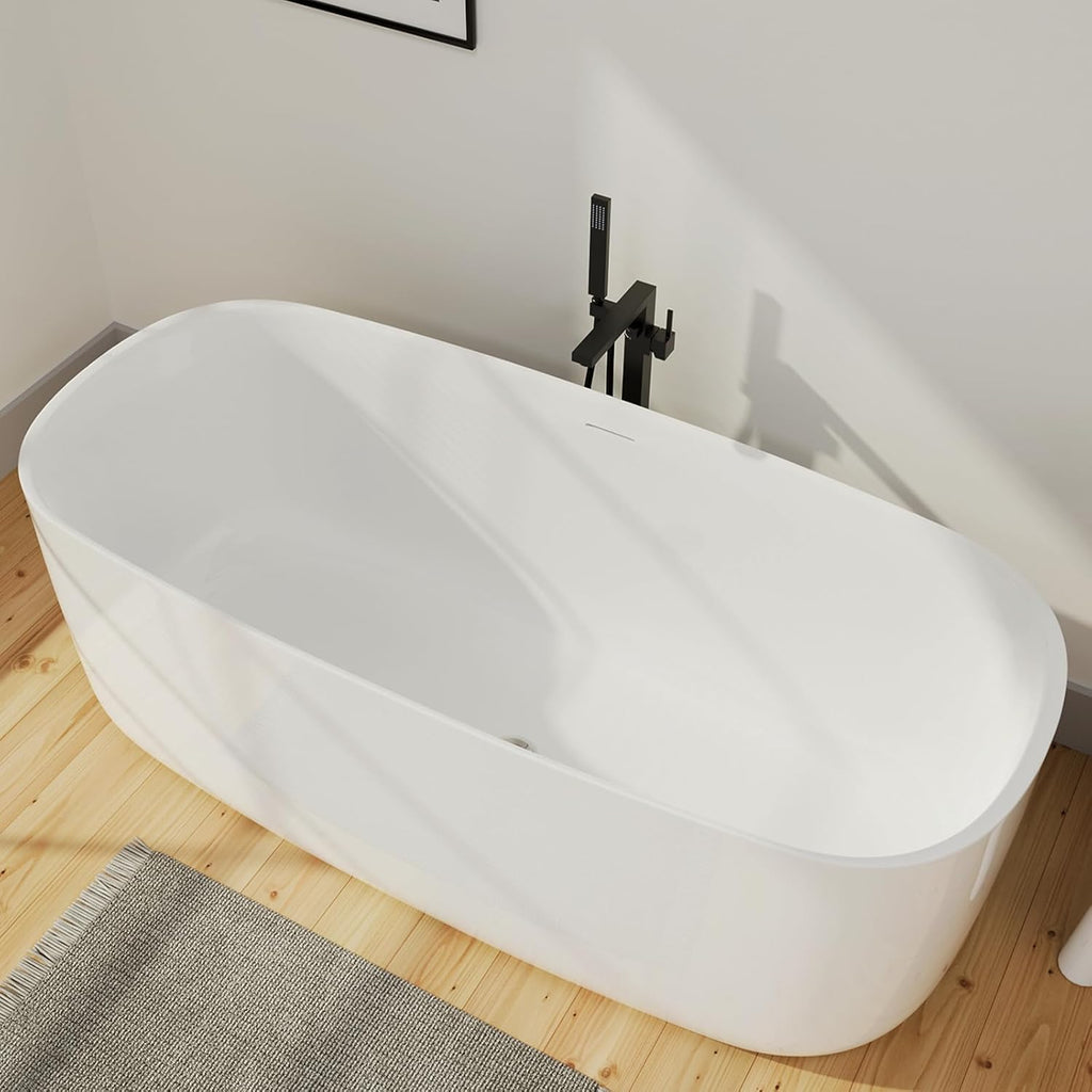 59' Lucite Acrylic Freestanding Bathtub, Rectangular Shape Contemporary Soaking Tub with Toe-tap Chrome Center Drain, Slotted Overflow, cUPC Certified, Glossy White