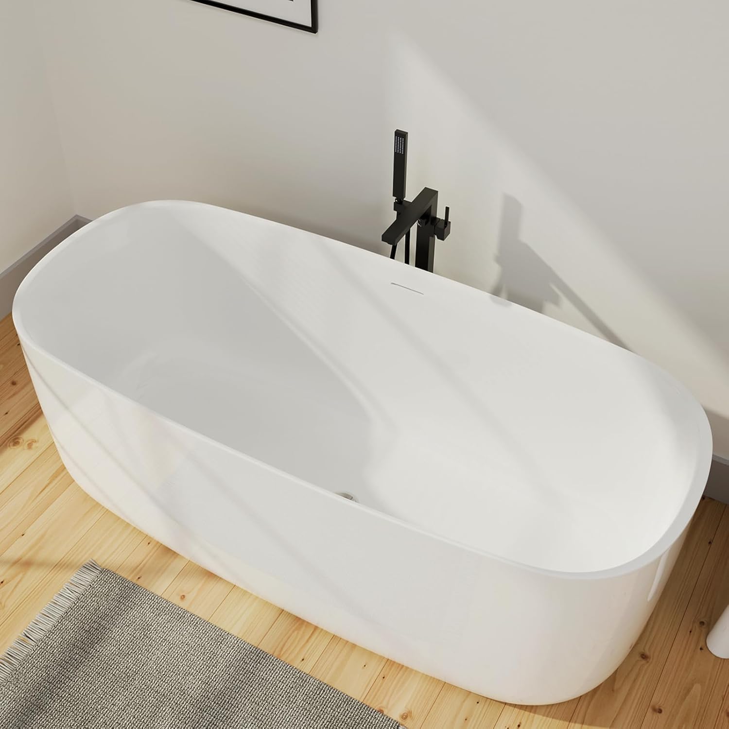 59' Lucite Acrylic Freestanding Bathtub, Rectangular Shape Contemporary Soaking Tub with Toe-tap Chrome Center Drain, Slotted Overflow, cUPC Certified, Glossy White
