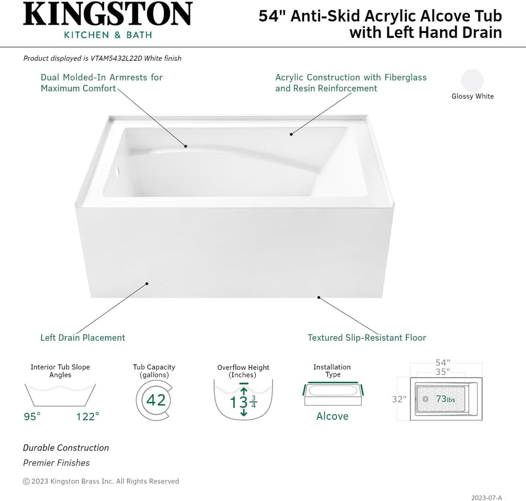Aqua Eden VTAM5432L22D 54-Inch Anti-Skid Acrylic 3-Wall Alcove Tub with Left Hand Drain, Glossy White