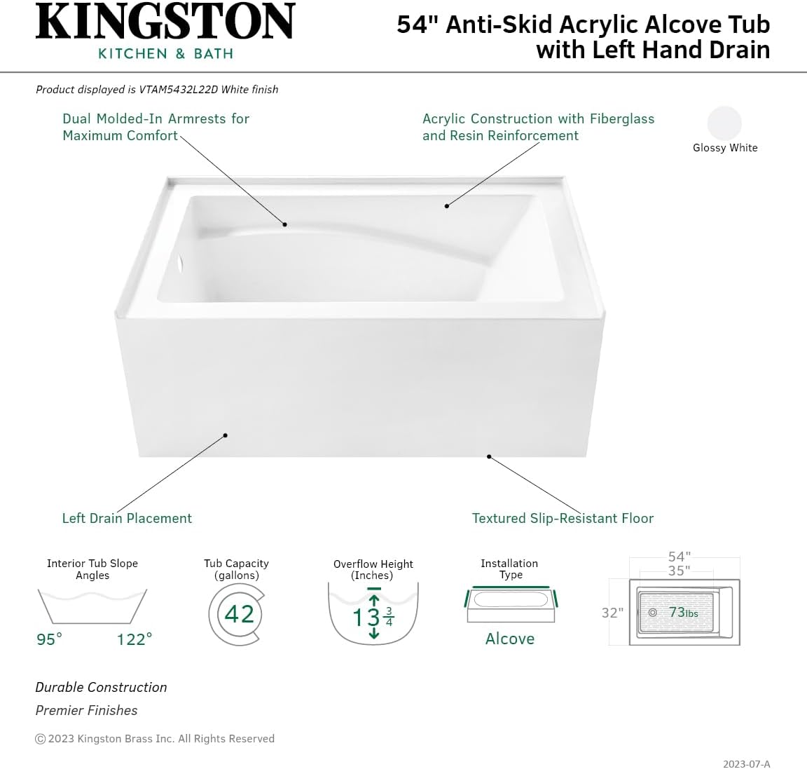Aqua Eden VTAM5432L22D 54-Inch Anti-Skid Acrylic 3-Wall Alcove Tub with Left Hand Drain, Glossy White