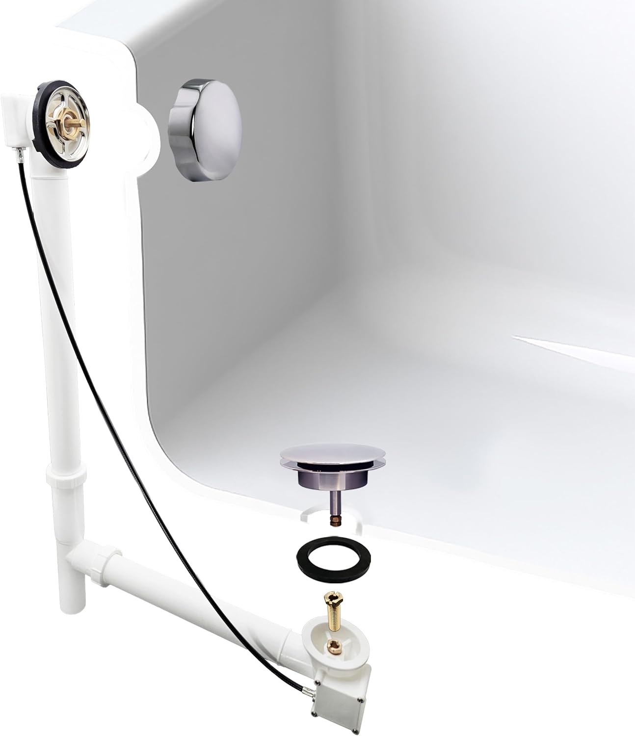Westbrass D50P27TLE-26 27' Cable Drive Standard Bath Drain Trim Kit with Rotary Overflow Cover Knob, Pop-Up Stopper and Poly Tubular Pipes & Fittings, Polished Chrome (12-Pack)