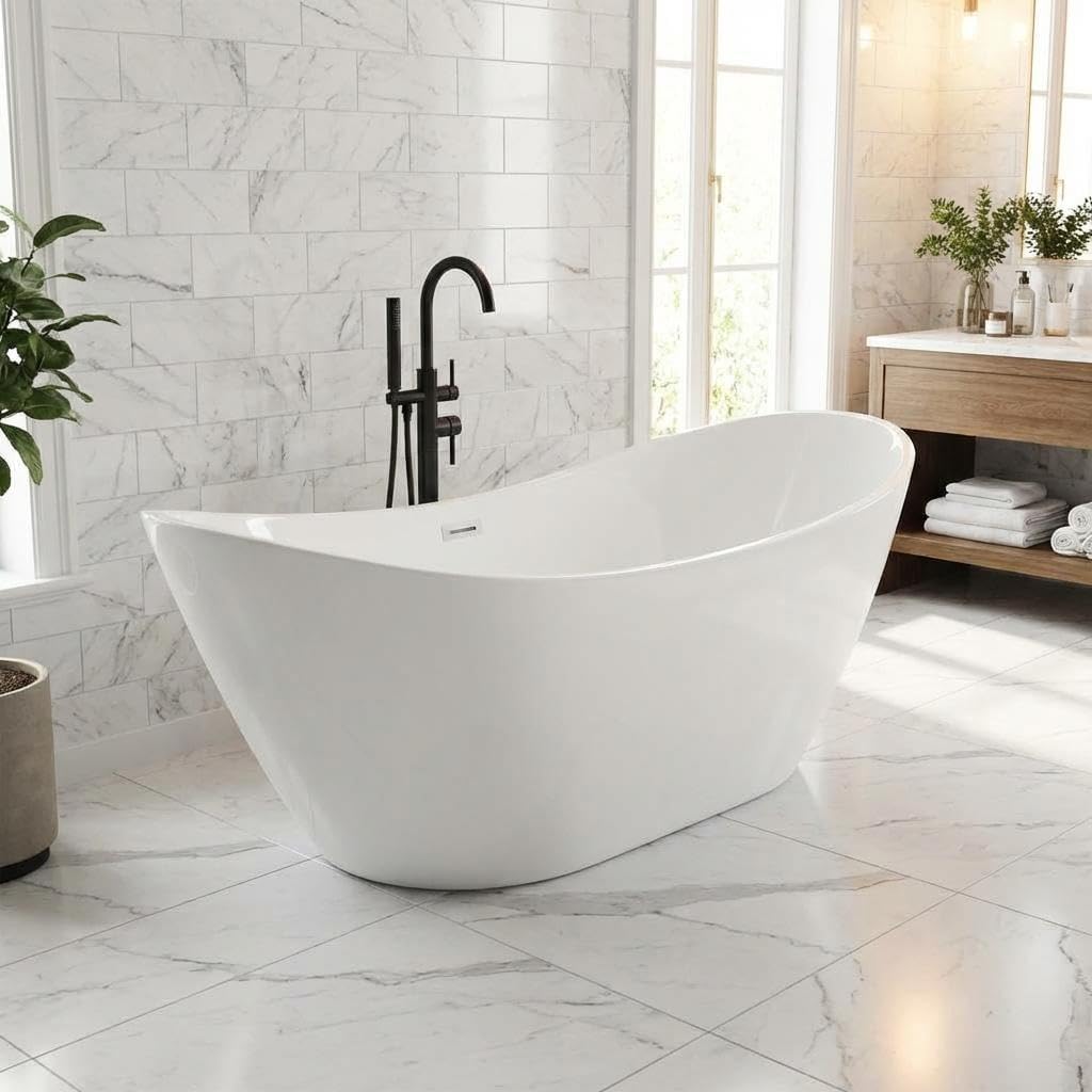 59' Acrylic Freestanding Bathtub, Free Standing Soaking Tub, Freestanding Tub with Overflow and Matte Silver Drain, Modern Bathtub for Bathroom, Hotel, Easy to Install, CUPC Certified, White, SKY-T