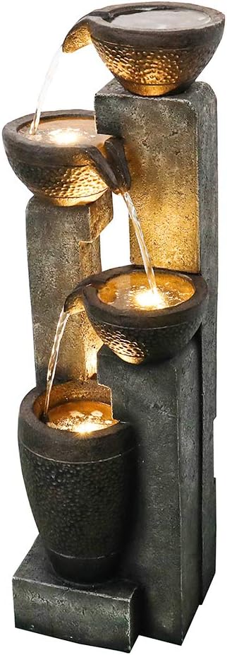 40' Inch Water Fountain Outdoor&Indoor 4-Tiers Large Outdoor Patio Decor Gray Garden Water Fountain for Outside Waterfall with LED Light&Pump Resin Modern Floor-Standing Water Feature Outdoor