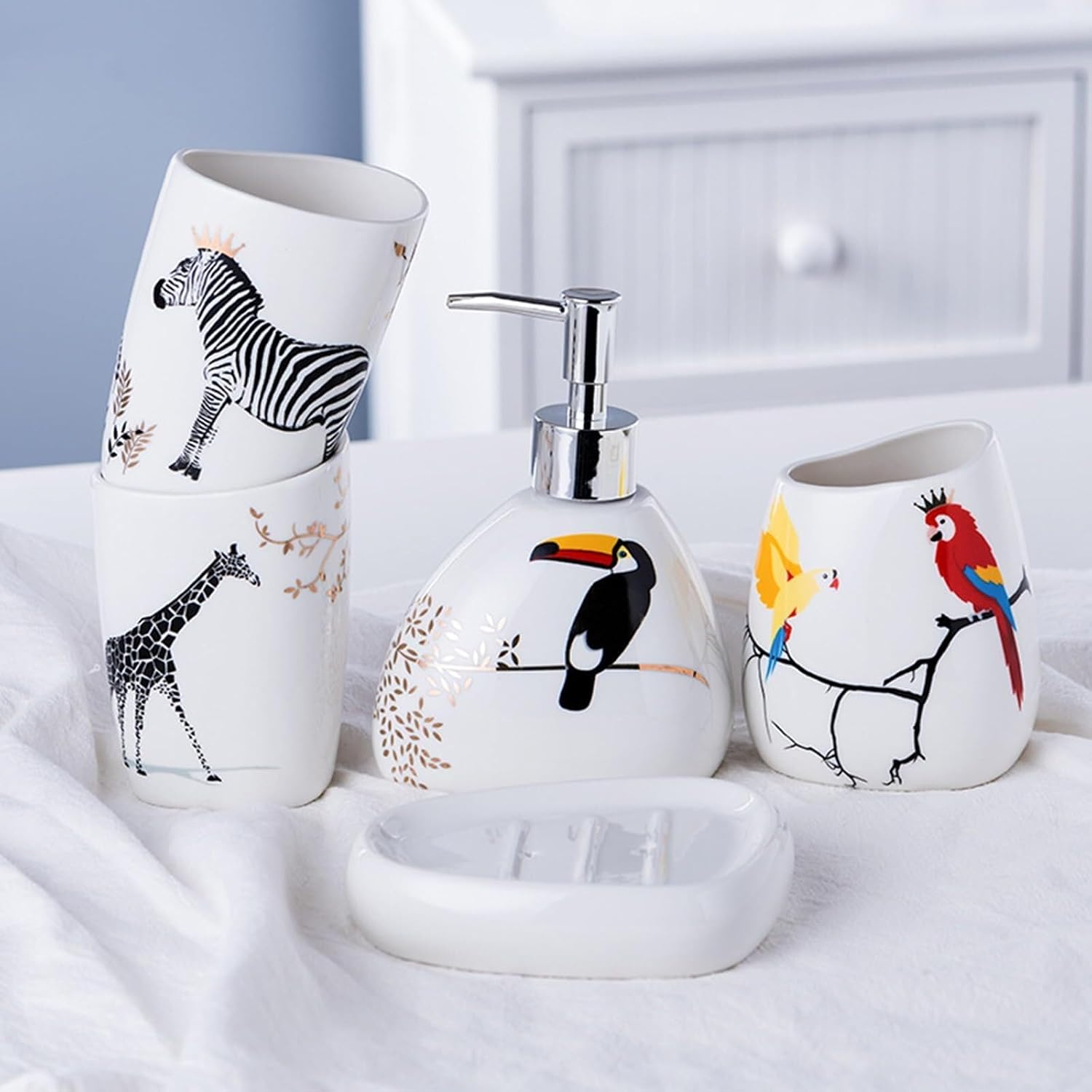Bathroom Accessories Set Soap Dispenser Set White Bathroom Accessory Sets with Toothbrush Cup Dish Holder for Apartment Dormitory Victorian Decor(Animal)