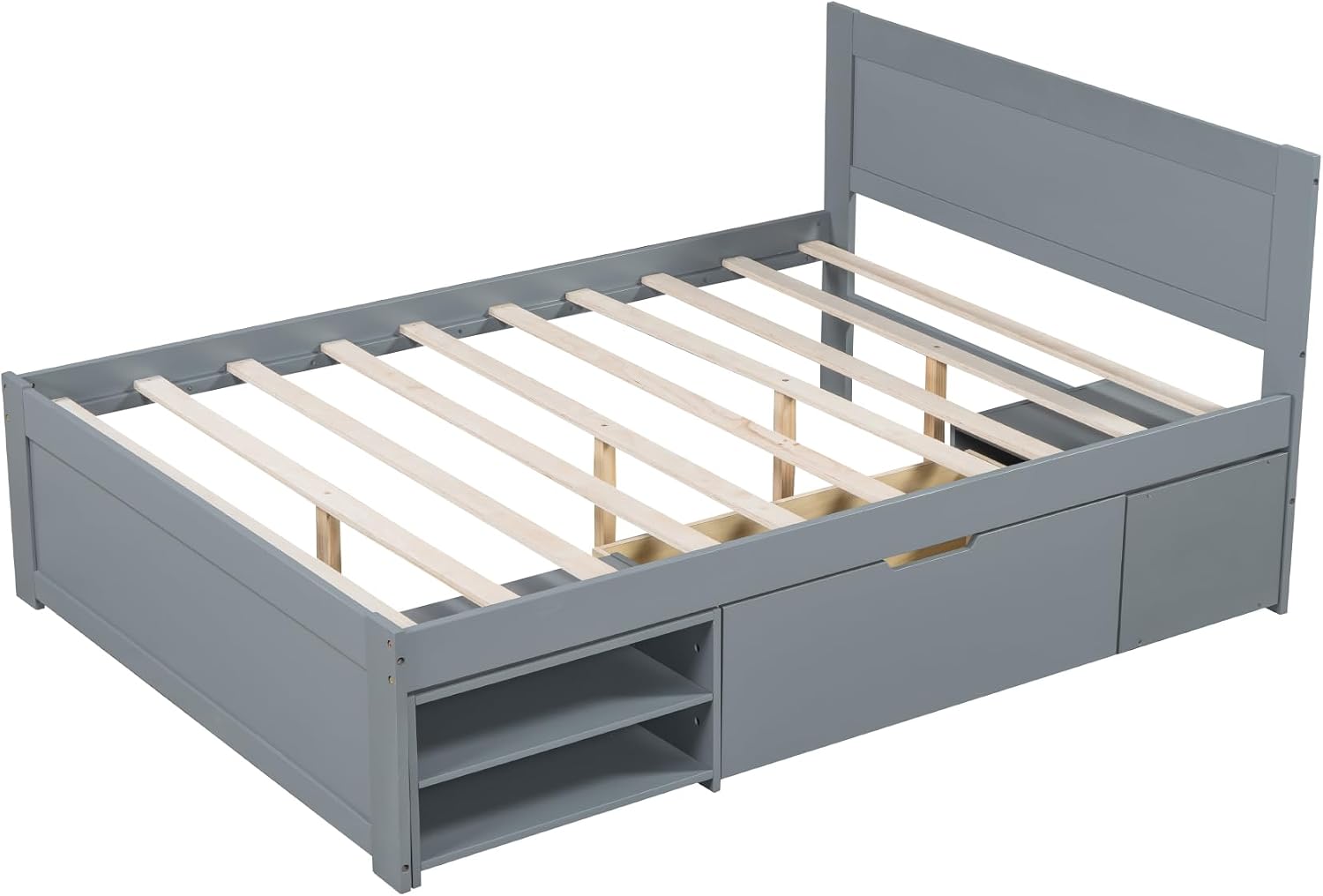 Wood Full Size Platform Bed with Storage Drawer and Removable Bedside Table, Modern Captain's Bed Frame with Shelves, Sturdy Slat Support, No Box Spring Required (Gray-9.29)