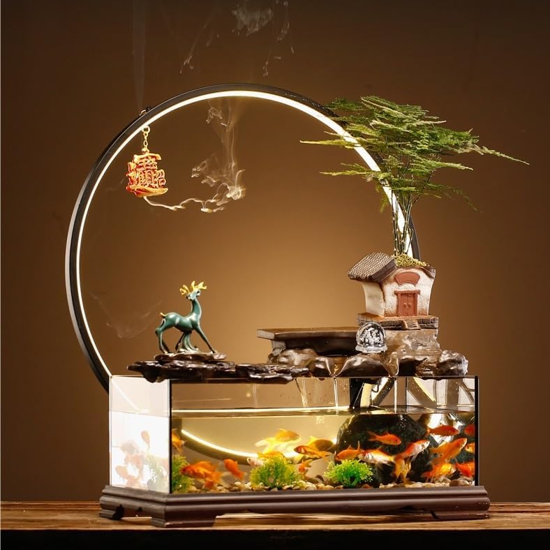 Tabletop Water Fountain Tabletop Fountain Fish Tank Flowing Water Ornaments Circulating Water Fountain Landscape Home Living Room Office Desktop Decoration Indoor Fountain(B)