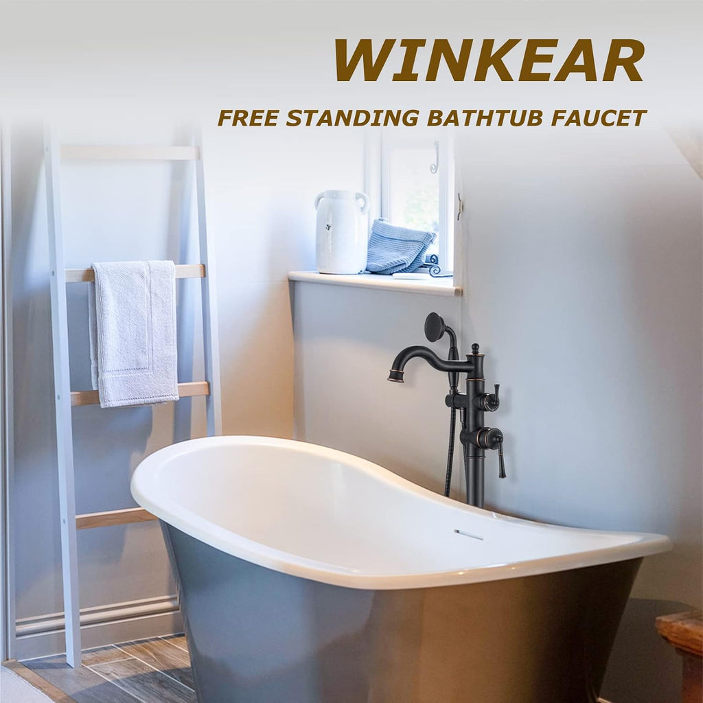 Roman Bathroom Faucet Set, Single Hole Sink Faucet With Pop Up Drain, Free Standing Tub Faucet Filler with High Pressure Handheld Shower, Oil Rubber Bronze
