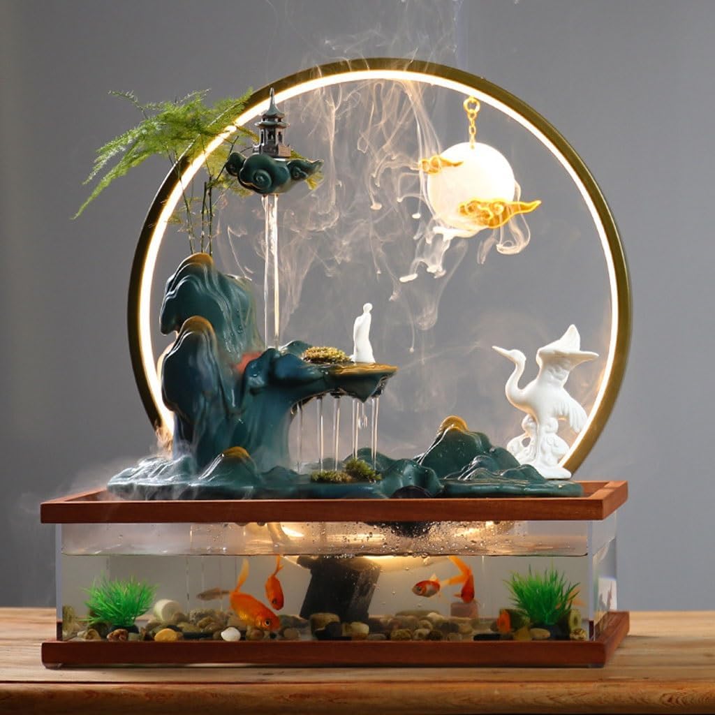 GUERNSEY Tabletop Fountain Desktop Fish Tank Water Ornaments Rockery Fountain Circulating Water Wheel Living Room Porch Chinese Ornaments Indoor Fountain