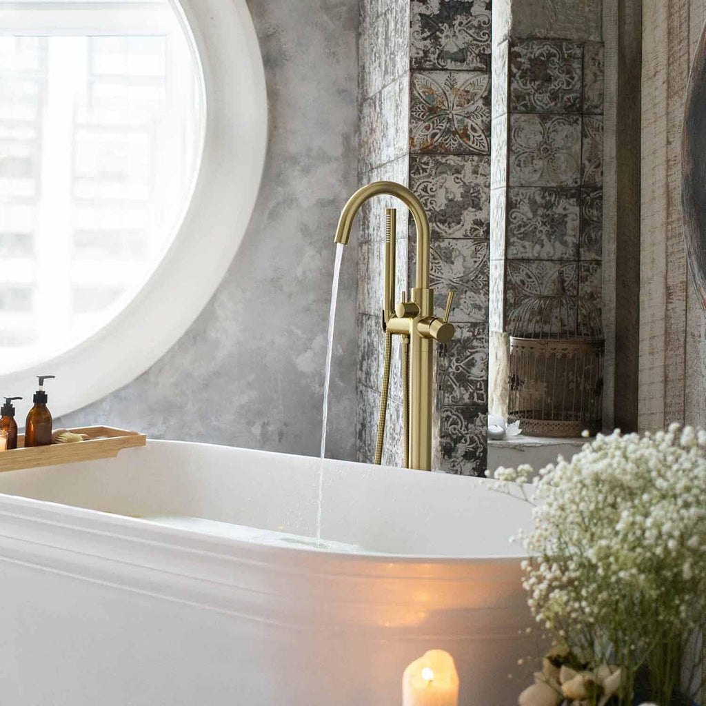 KIBI Circular Floor Mount Bathtub Faucet with Hand Shower | Single Handle Freestanding Tub Filler | Modern Bath Faucet | Brushed Gold Finish | Solid Brass | KTF301