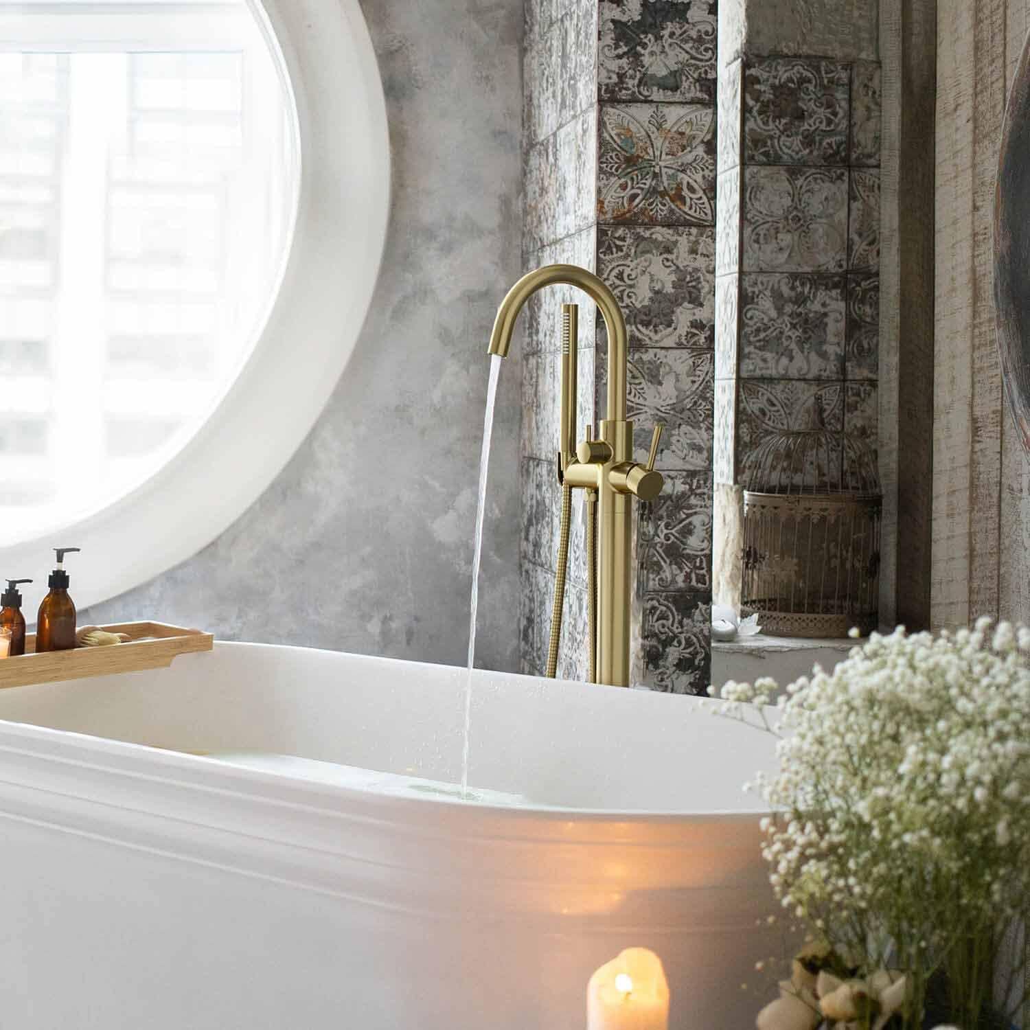 KIBI Circular Floor Mount Bathtub Faucet with Hand Shower | Single Handle Freestanding Tub Filler | Modern Bath Faucet | Brushed Gold Finish | Solid Brass | KTF301
