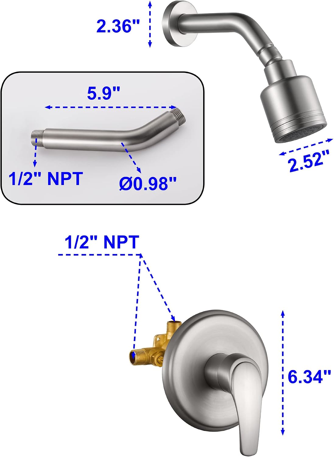 Wall Mounted Shower Faucet Set, Shower Fixtures Shower Mixer, Single Function Shower Trim Kit Pressure Balancing Shower System with Single Spray Detachable Clean Shower Head,Brushed