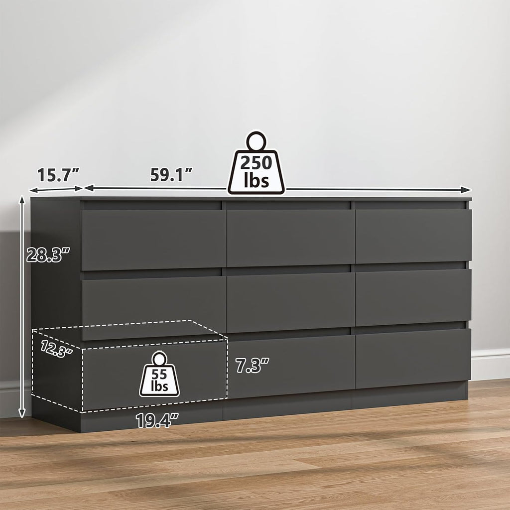Vibe & Dine Black Dresser 9 Drawer, Modern Long Dresser for Bedroom, Wood Chest of Drawers with Wide Storage for Living Room