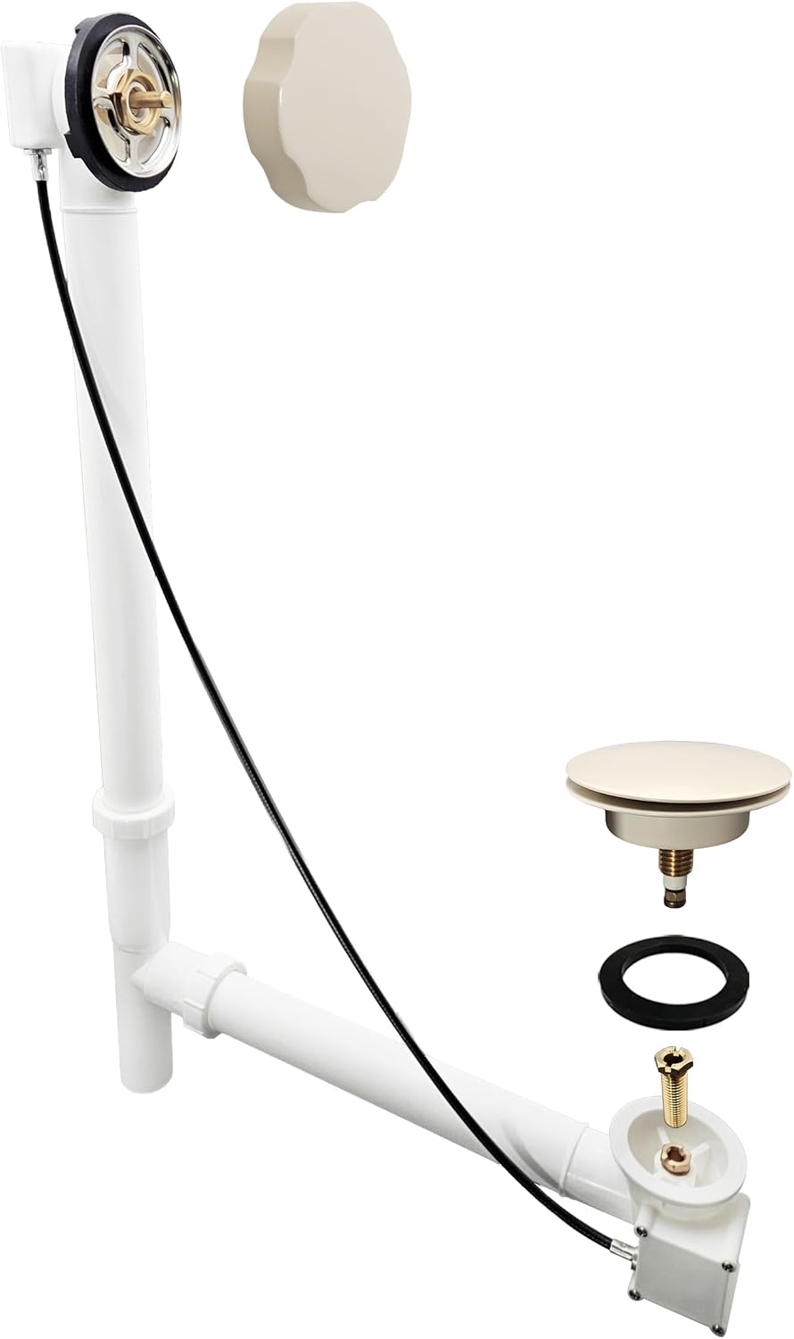 Westbrass A50P27TLE-65 27' Cable Drive Bath Drain Trim Kit with Rotary Overflow Cover Knob, European Stopper and Poly Tubular Pipes, Biscuit