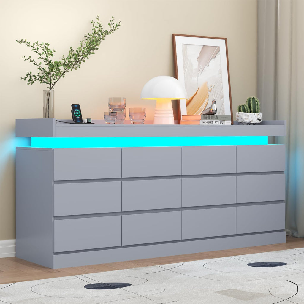 Gyfimoie 12 Drawer Dresser with Power Outlet, Dresser with LED Light, Modern Chest of Drawers for Closet, Double Wide Drawer Organizer Cabinet for Bedroom, Living Room (Grey, 12 Drawers)