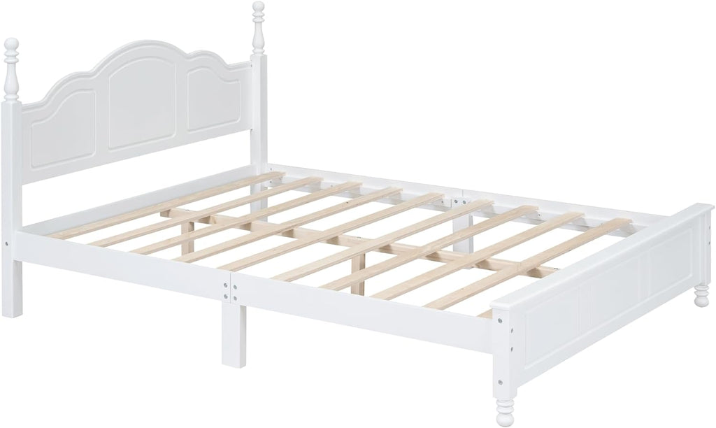 3-Pieces Bedroom Sets, Retro Style Queen Size Platform Bed with Wooden Slat Support and Headboard, Wooden Bedroom Furniture Set with 2 Nightstands for Kids Teens Adults Bedroom (White + Wood 063)