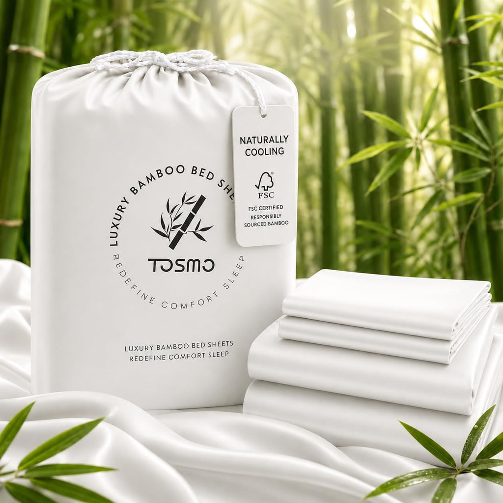 TOSMO Luxury Cooling Sheet Set - 100% Viscose from Bamboo, 4-Piece Bedding Set (Queen Size) - 18' Extra Deep Pockets, Oeko-Tex Certified, Silky Soft and Breathable, Classic White