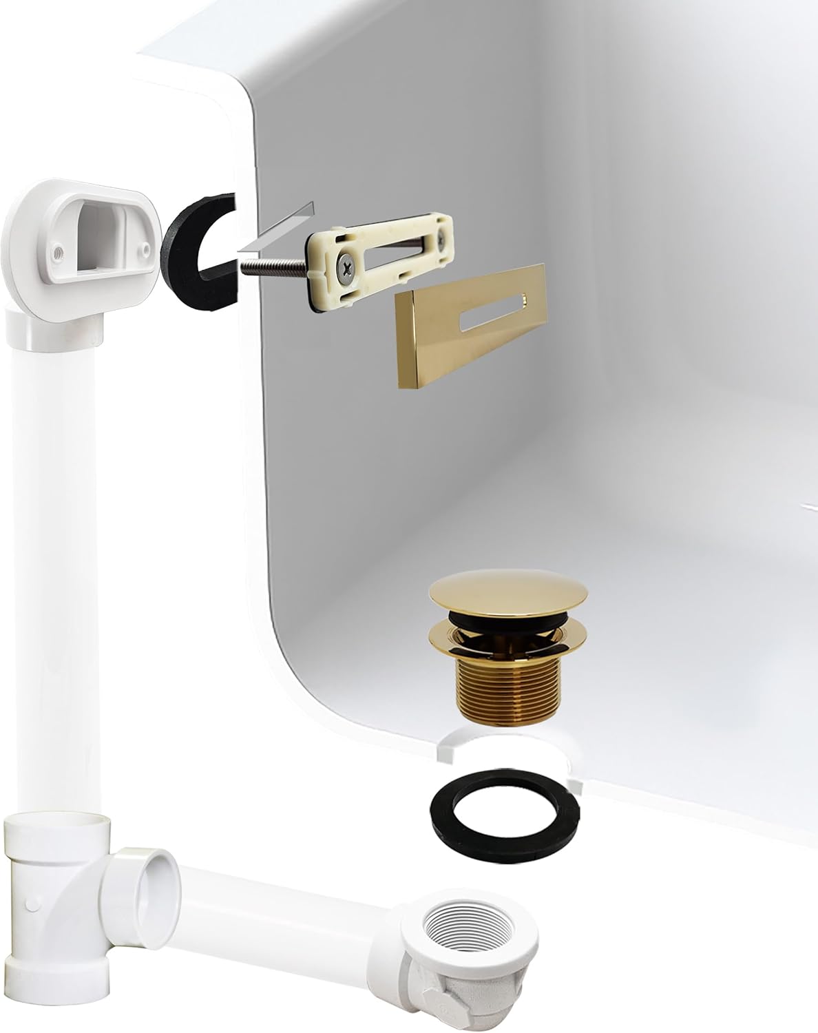 Westbrass D560RK-01 SCH. 40 PVC 1-1/2' Coarse Thread Plumber's Pack Tip-Toe Bathtub Drain Plug with Linear Overflow Faceplate, Tee & Elbows, Polished Brass (20-Pack)