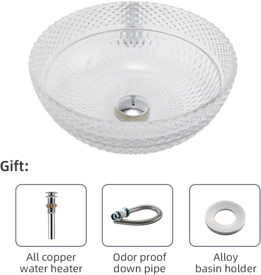 Tempered Glass Vessel Bathroom Vanity Sink Round Bowl, Transparent Above Counter Bathroom Vessel Vanity Sink with Chrome Faucet and Pop-Up Drain Combo,Single Basin Set (Single Basin Set)